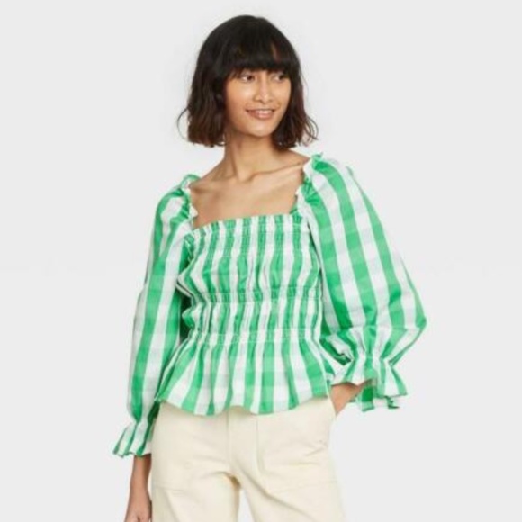 Who What Wear Tops - Who What Wear Green Gingham smocked blouse